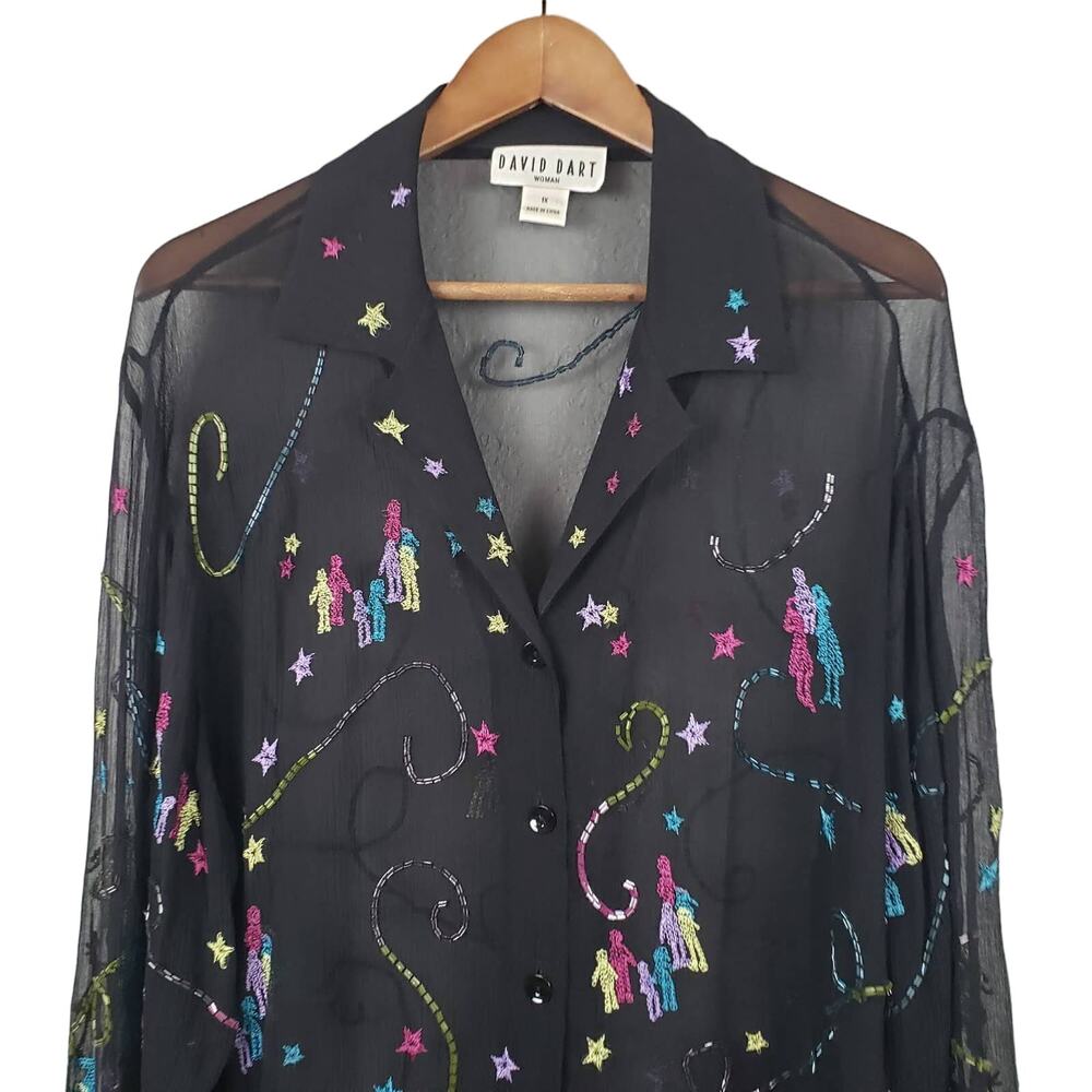 NEW! Vintage David Dart 100% Silk Sheer Button Up Shirt Sequin Detail - 1X